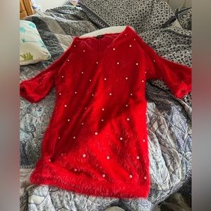 NWOT women’s mini dress or long top, red, 3/4 sleeves, pearl design on front